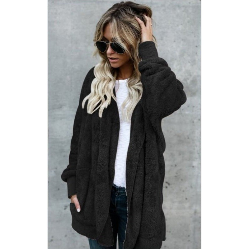 Damen Oversize Teddy‑Fleece‑Mantel mit offener Front, Eingrifftaschen und Rippbündchen EB