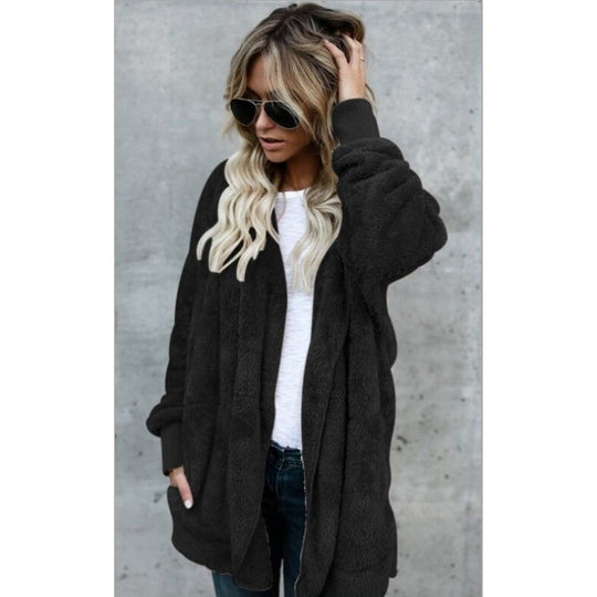 Damen Oversize Teddy‑Fleece‑Mantel mit offener Front, Eingrifftaschen und Rippbündchen EB
