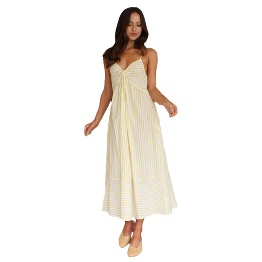 Damen gestreiftes Maxikleid mit verspieltem Oberteil und fließendem Rock EB