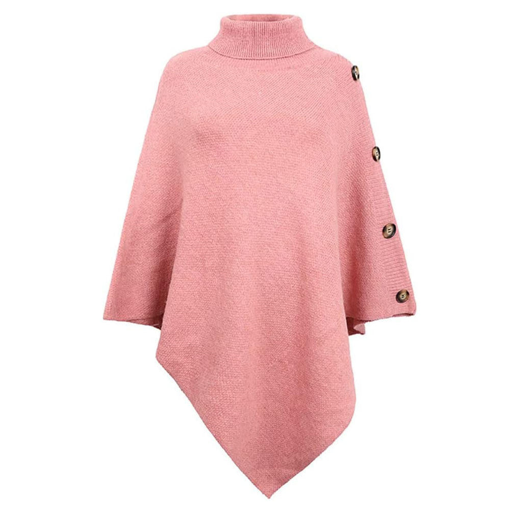 Damen nan asymmetrischer Strickponcho mit Rollkragen und dekorativer Knopfleiste EB