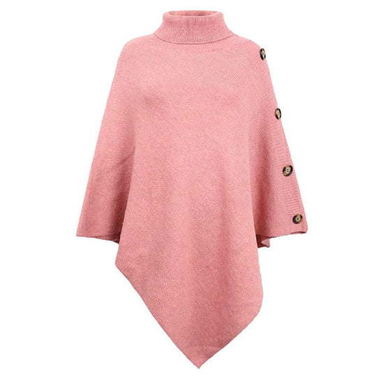 Damen nan asymmetrischer Strickponcho mit Rollkragen und dekorativer Knopfleiste EB
