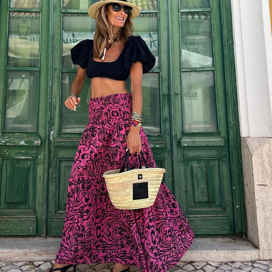 Damen Maxi-Rock mit kunstvollem floralen Muster und elastischem Taillenband EB