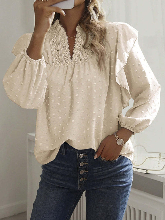 Damen Viskose-Bluse mit Spitzenstickerei und Volantärmeln EB