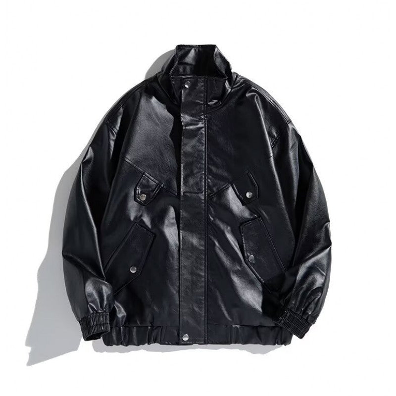 Damen modische Kunstlederjacke mit praktischen Taschen und hohem Kragen EB