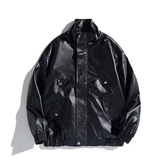 Damen modische Kunstlederjacke mit praktischen Taschen und hohem Kragen EB