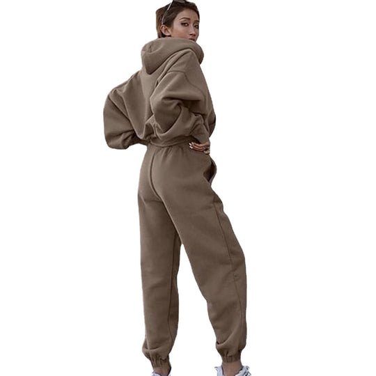 Damen kurzes Oversize-Kapuzenpullover-Set mit elastischer High-Waist-Jogginghose aus Baumwollfleece EB