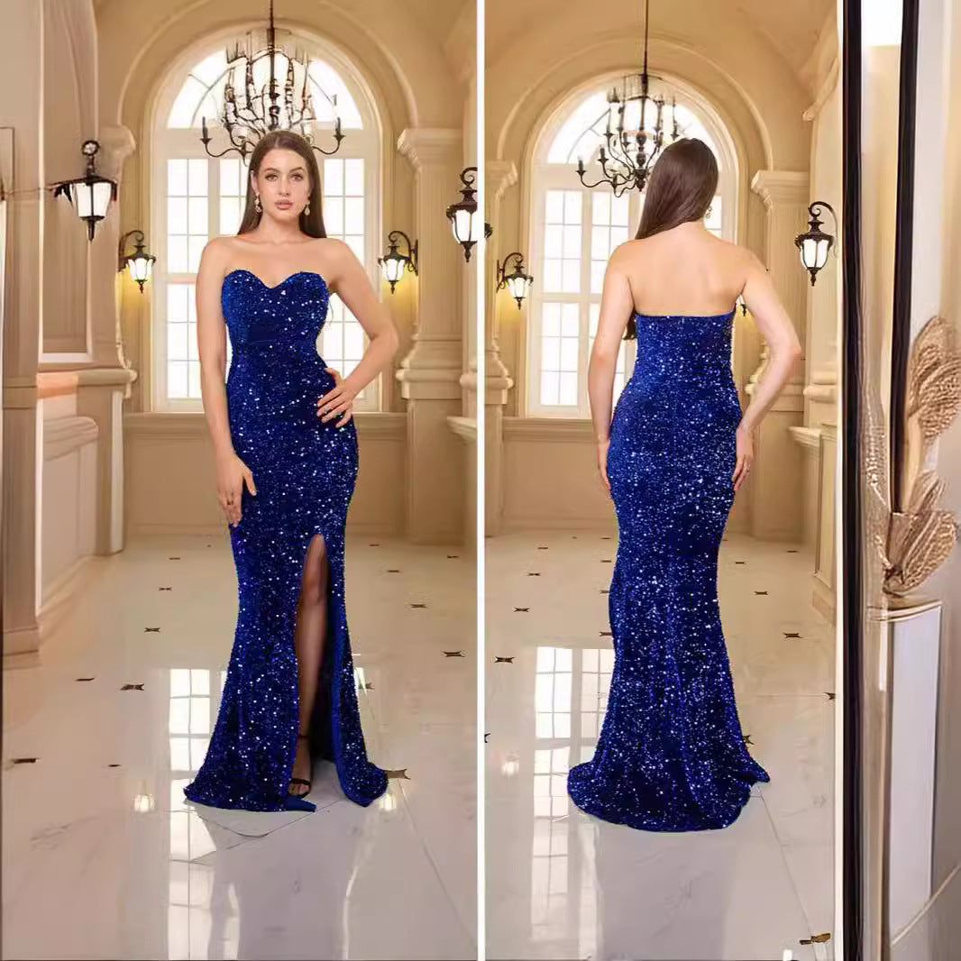 Damen glamouröses Abendkleid mit schulterfreiem Design und schimmernden Pailletten EB