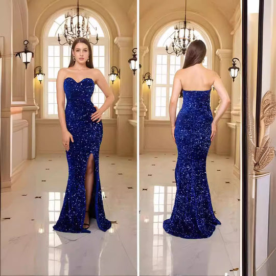 Damen glamouröses Abendkleid mit schulterfreiem Design und schimmernden Pailletten EB