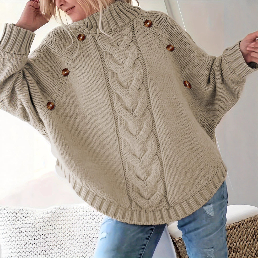 Damen Grobstrickpullover mit hochgeschlossenem Kragen und dekorativen Knöpfen EB