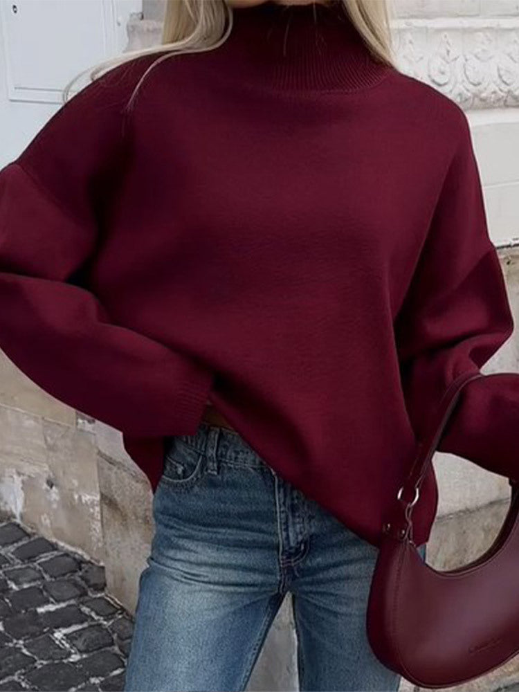 Damen Oversized Pullover mit hohem Kragen aus hochwertiger Baumwolle EB