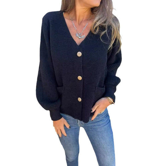 Damen Modische Strickjacke mit Knopfdetails und Taschen EB