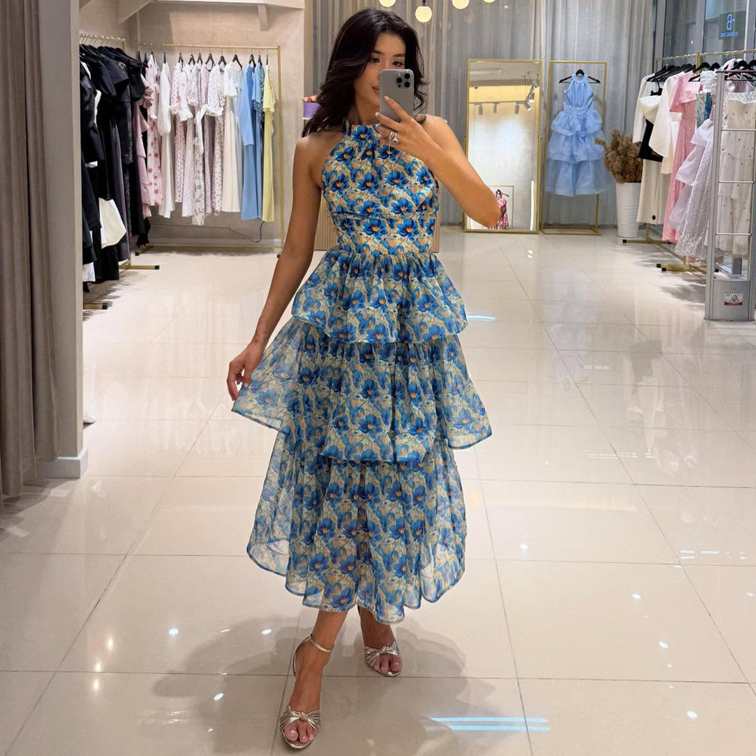 Damen Maxikleid mit transparenten Schichten und floralem Design EB