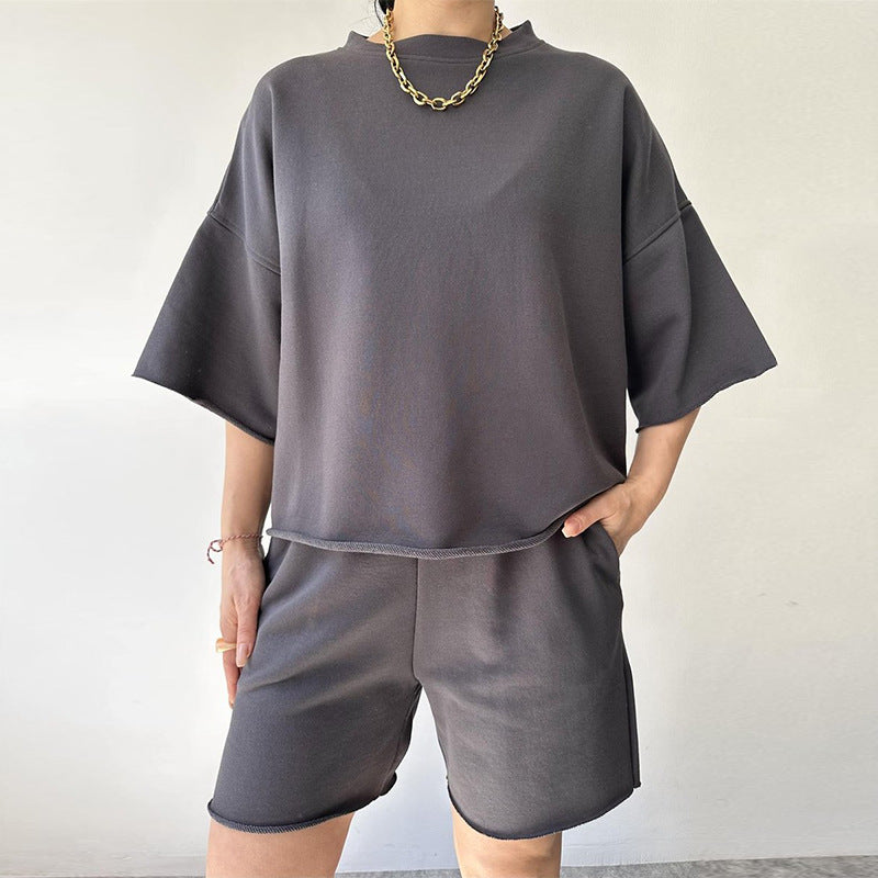 Damen lässiges Crop-Top und Shorts-Set mit weitem Schnitt EB