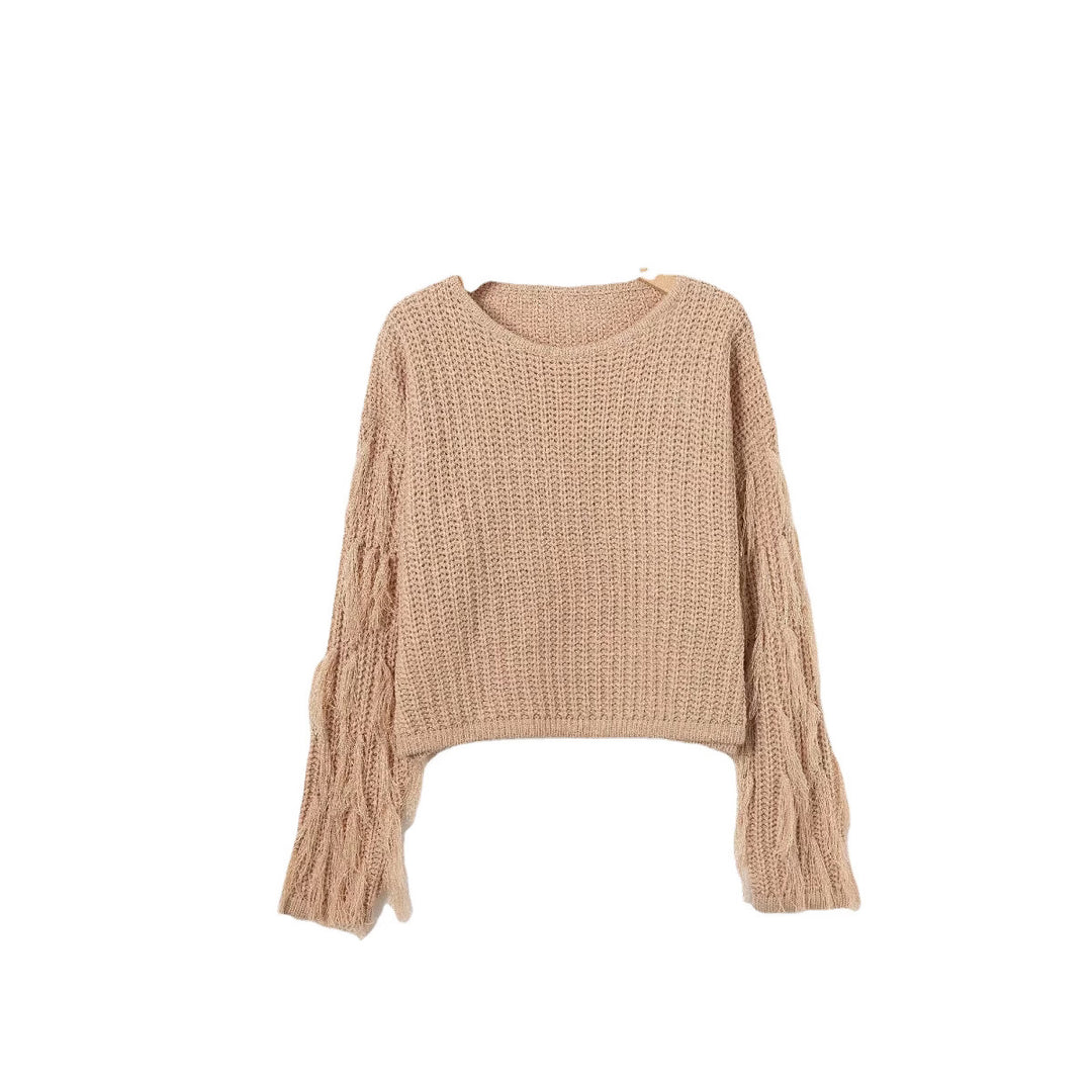 Damen modischer Strickpullover mit fransigen Ärmeln und besonderem Strukturmuster EB