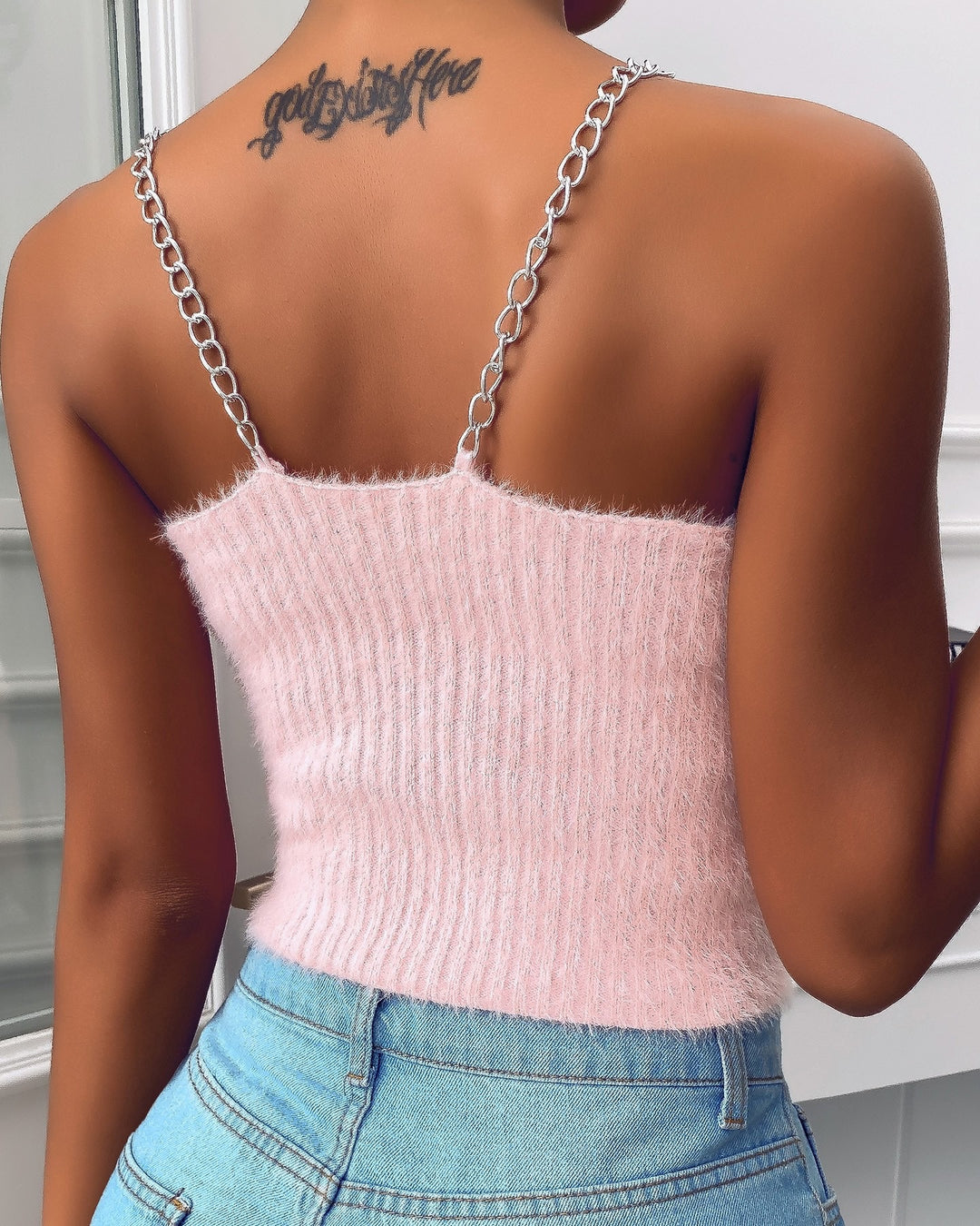 Damen cropped Top mit dekorativem Schmetterlings-Design und Kettenträger EB