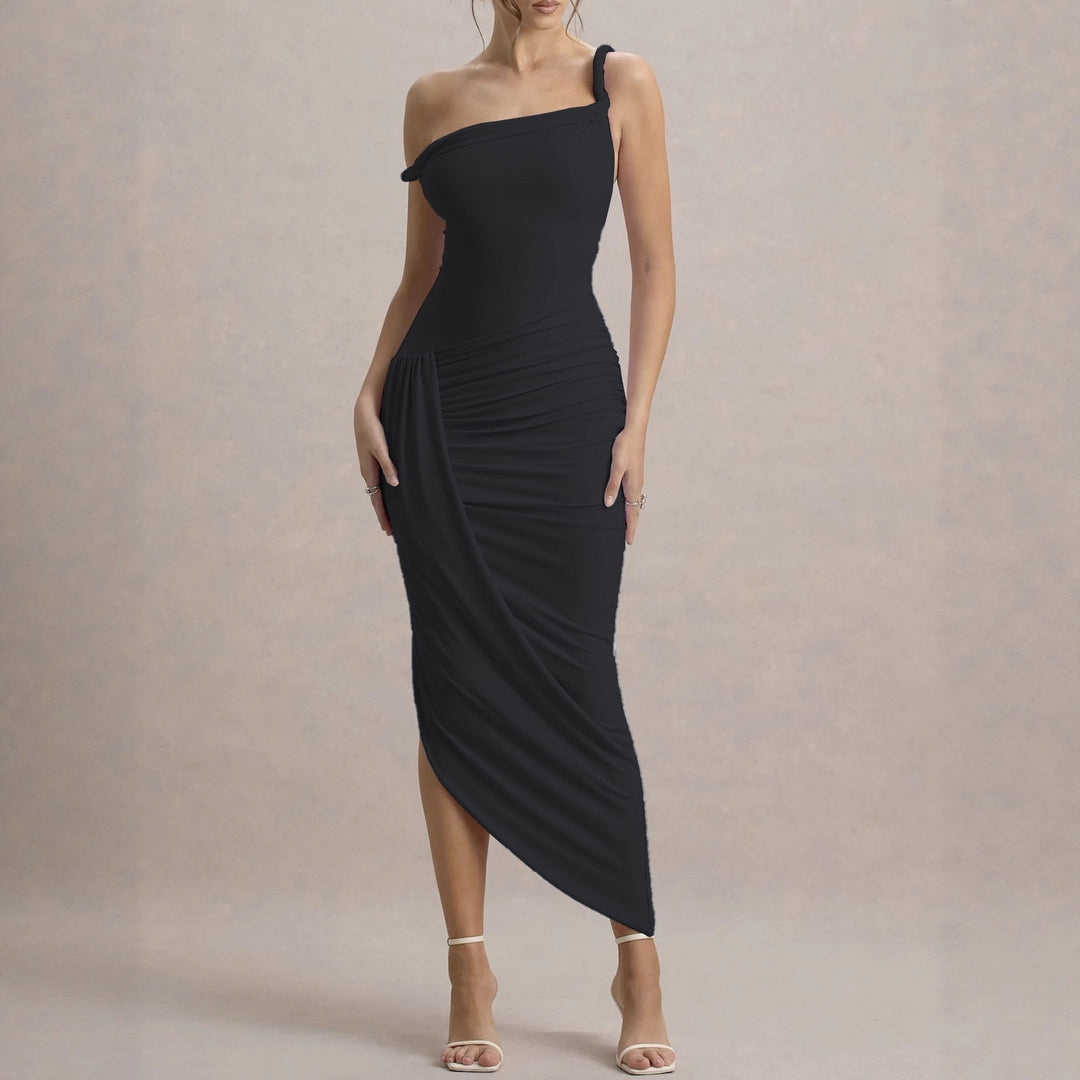 Damen elegantes asymmetrisches Maxikleid mit Raffungen EB