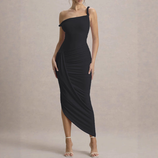 Damen elegantes asymmetrisches Maxikleid mit Raffungen EB