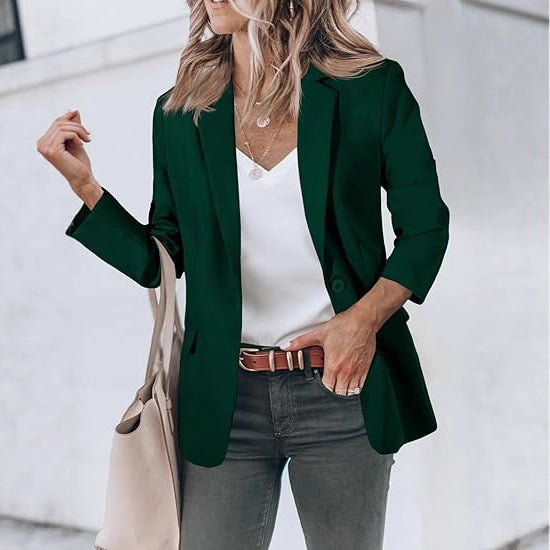 Damen Leichter Stretch-Blazer mit Schalkragen, Ein-Knopf-Verschluss und dreiviertelärmeln EB