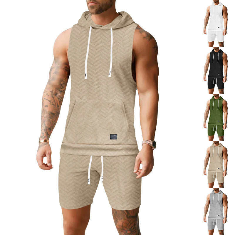 Herren nan ärmelloses Kapuzenweste-Set aus strukturiertem Baumwollmix mit Kängurutasche und Tunnelzug-Shorts EB