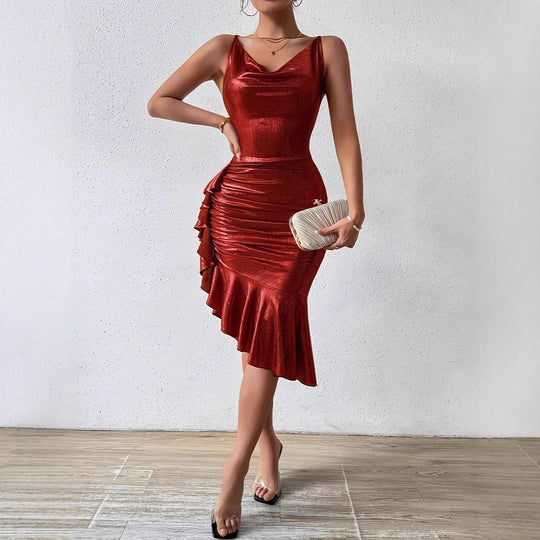 Damen Glamouröses Wickelkleid mit Rüschen und metallic Schimmer EB