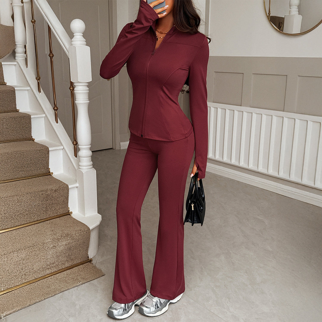 Damen nan figurbetontes Stretch-Joggingset mit taillierter Reißverschluss-Jacke und ausgestellter Schlaghose EB