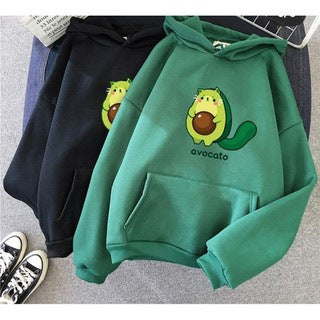 Damen nan Oversize-Fleecehoodie mit weichem Innenfutter, Kängurutasche und Avocato-Cartoonmotiv EB