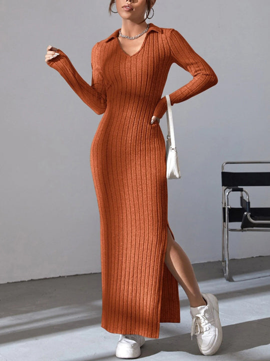 Damen Langarm Maxikleid mit V-Ausschnitt und seitlichem Schlitz EB