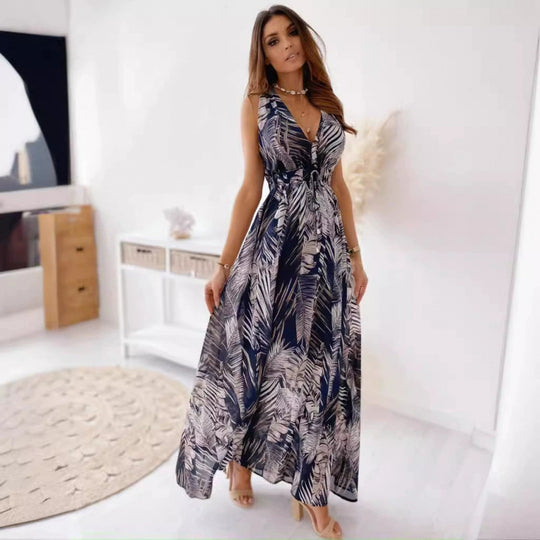 Damen Maxikleid mit floralen Mustern und tailliertem Oberteil EB