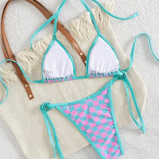 Damen Triangel-Bikini mit Karomuster und raffinierten Bindebändern EB