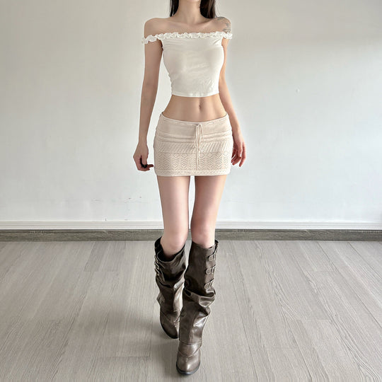 Damen Mini-Strickrock mit luftiger Häkelstruktur und verstellbarem Bund EB