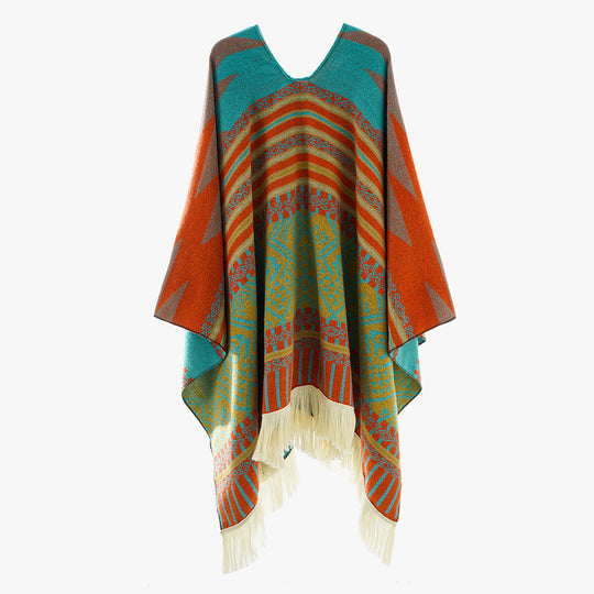 Damen Jacquard‑Ruana im Deckenstil mit V‑Ausschnitt, geometrischem Ethno‑Muster und Fransensaum EB