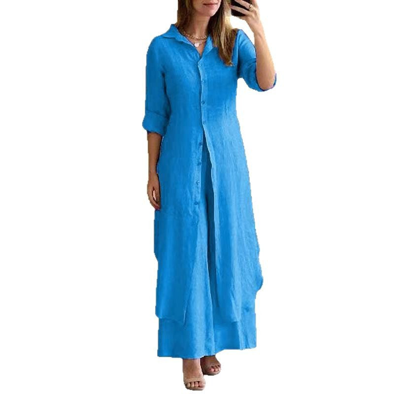 Damen nan langes Leinen-Hemdblusenkleid mit durchgehender Knopfleiste, Hemdkragen und dezentem A-Linien-Schnitt EB