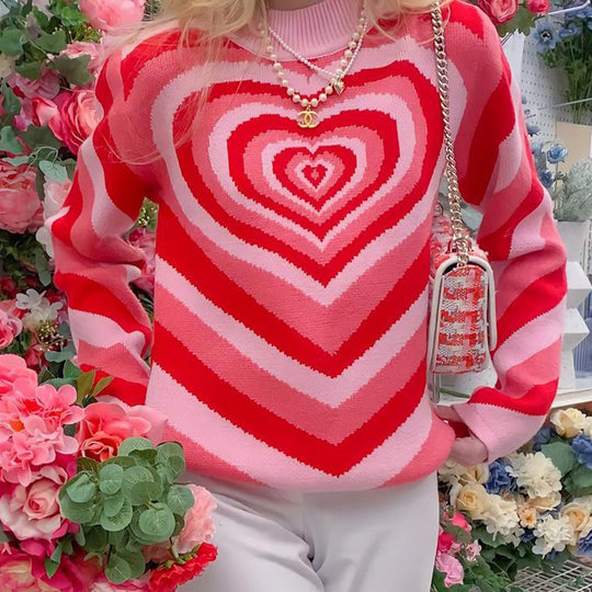 Damen nan oversized Strickpullover mit Herz-Intarsie und Chevron-Muster EB