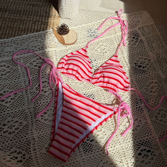 Damen Triangel-Bikini mit verstellbaren Bändern und buntem Streifenmuster EB
