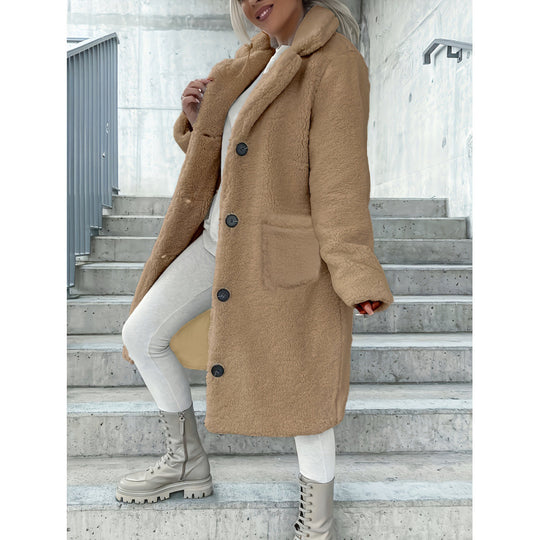 Damen Kuscheliger Fleece-Mantel mit Taschen und Knopfverschluss EB