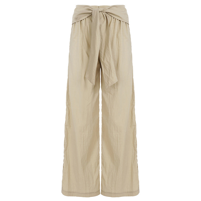 Damen nan Highwaist Leinenhose mit weitem Bein und dekorativem Bindegürtel EB