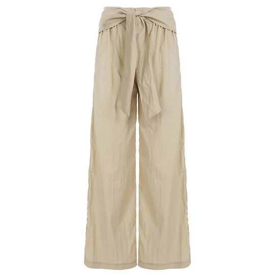 Damen nan Highwaist Leinenhose mit weitem Bein und dekorativem Bindegürtel EB
