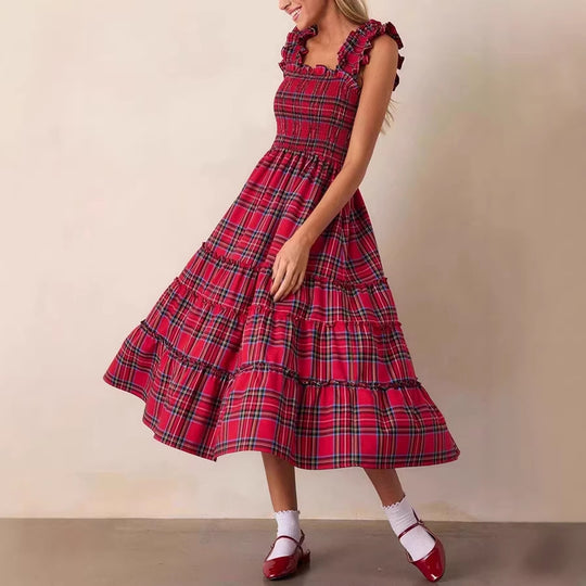 Damen Maxikleid mit voluminösen Rüschendetails und klassischen Karo-Muster EB