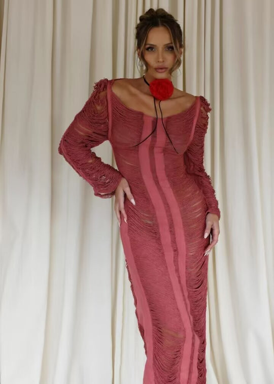 Damen elegantes Strandkleid mit raffinierten Fransen und transparenten Elementen EB