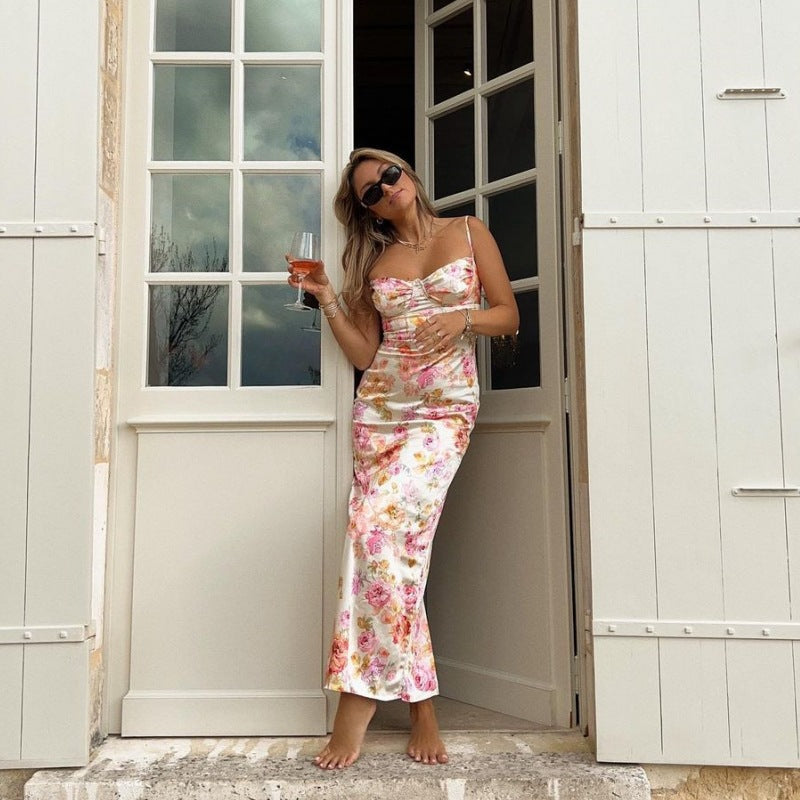 Damen Blütenmaxikleid mit verstellbaren Trägern und figurbetontem Schnitt EB