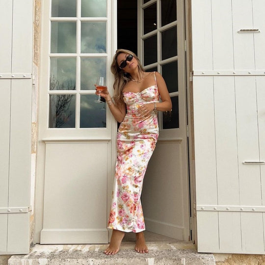 Damen Blütenmaxikleid mit verstellbaren Trägern und figurbetontem Schnitt EB