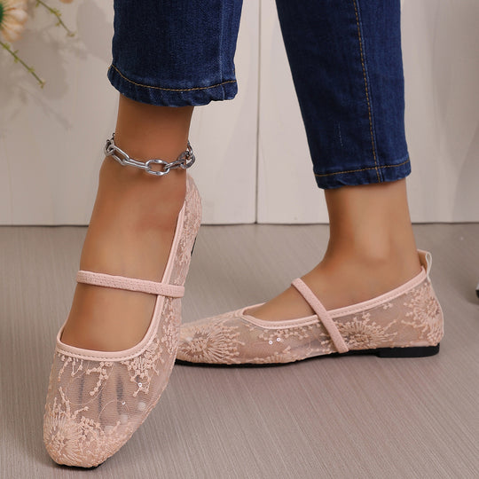Damen Ballerinas mit filigranem Stickmuster und elastischem Riemen EB