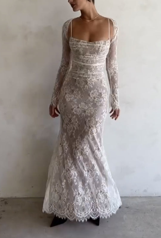 Damen Maxikleid aus zarter Spitze mit langen Ärmeln EB