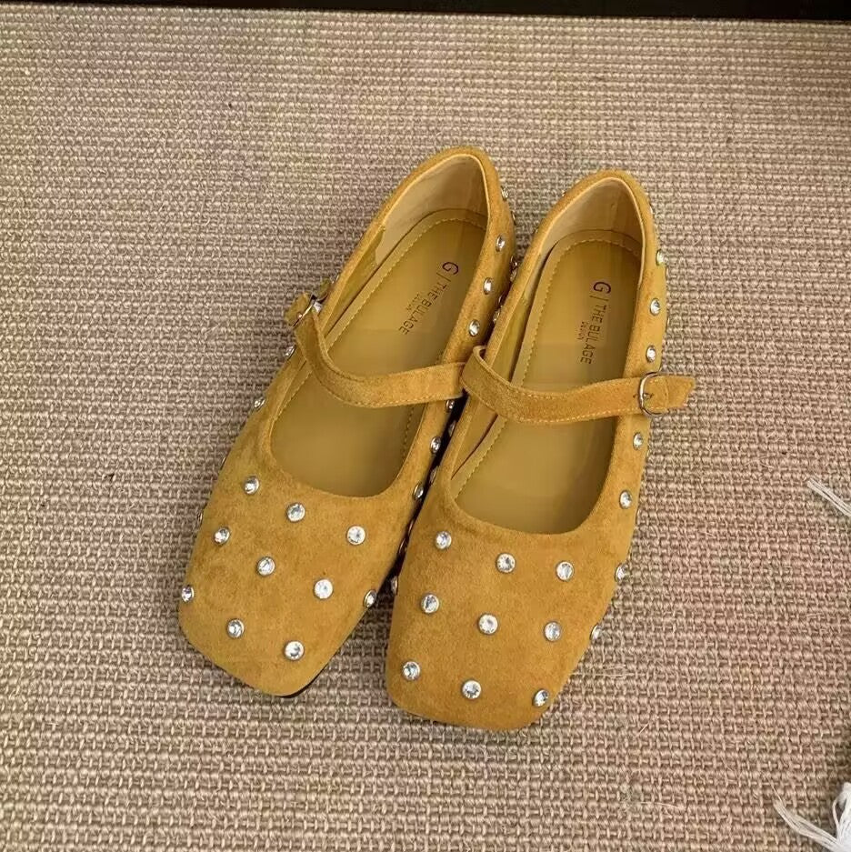 Damen elegante Ballerinas mit modischem Riemchen und glänzenden Strass-Applikationen EB