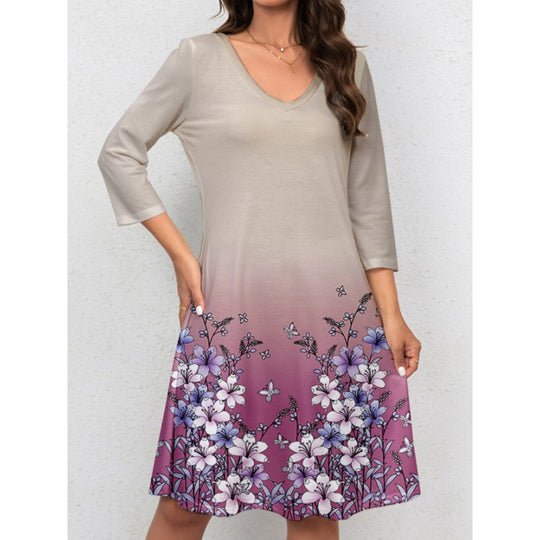 Damen V-Ausschnitt Sommerkleid mit floralem Aquarell-Design und ¾-Ärmeln EB
