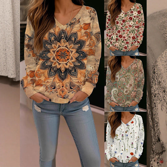 Damen Boho-Mandala V-Ausschnitt Oversize Sweatshirt mit weichem Sweatstoff EB