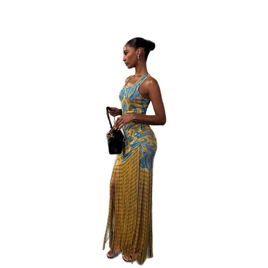 Damen Maxikleid mit Fransen und floralem Design EB