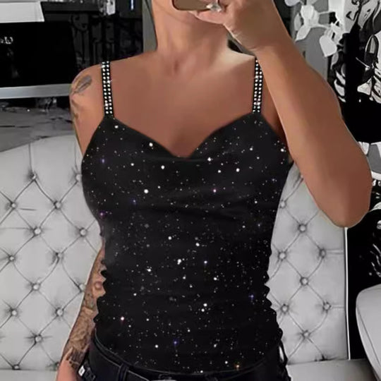 Damen Oberteil mit funkelndem Galaxie-Design und eleganten Spaghetti-Trägern EB