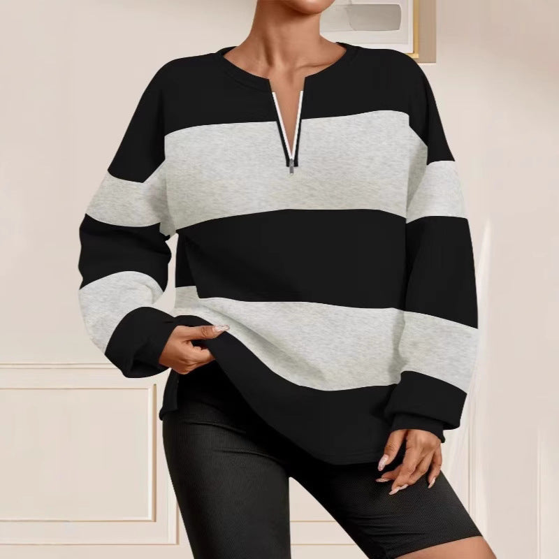 Damen modischer Sweatpullover mit Reißverschluss und gestreiftem Design EB