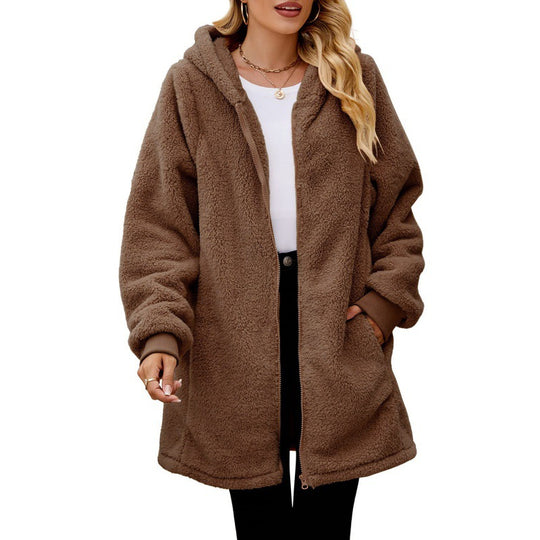 Damen weiche und kuschelige Fleecejacke mit Kapuze und Seitentaschen EB